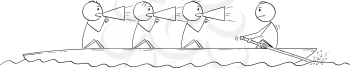 Cartoon stick drawing conceptual illustration of four men or businessmen on the rowing boat, one man is rower, three men are coxswains. Business concept of non-functional teamwork or team.