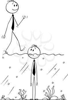 Cartoon stick man drawing conceptual illustration of businessman standing in water with surface above his chin. More successful man is walking on the surface. Business concept of success and failure.