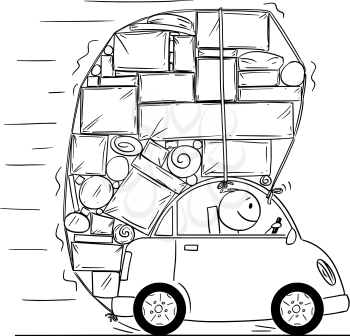 Cartoon stick drawing conceptual illustration of man driving car overloaded by boxes,objects and luggage.