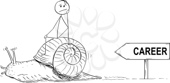 Cartoon stick drawing conceptual illustration of frustrated man or businessman sitting on the shell of snail and moving slow. Metaphor of slow career progress and long waiting for success.