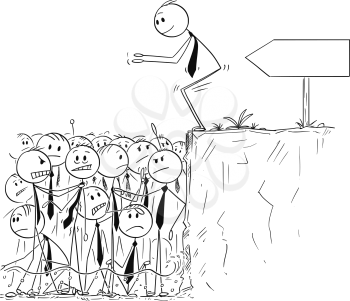 Cartoon stick man drawing conceptual illustration of businessman ready to jump in shallow water of saturated or oversaturated market. Business metaphor. There is empty sign for your text.