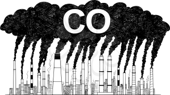 Vector artistic pen and ink drawing illustration of smoke coming from industry or factory smokestacks or chimneys into air. Environmental concept of carbon monoxide or CO air pollution.