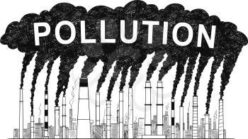 Vector artistic pen and ink drawing illustration of smoke coming from industry or factory smokestacks or chimneys into air. Environmental concept of air pollution