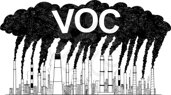 Vector artistic pen and ink drawing illustration of smoke coming from industry or factory smokestacks or chimneys into air. Environmental concept of air pollution and VOC or volatile organic compound production.