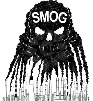 Vector artistic pen and ink drawing illustration of smoke coming from industry or factory smokestacks or chimneys creating human skull shape into air. Environmental concept of toxic and deadly smog and air pollution.