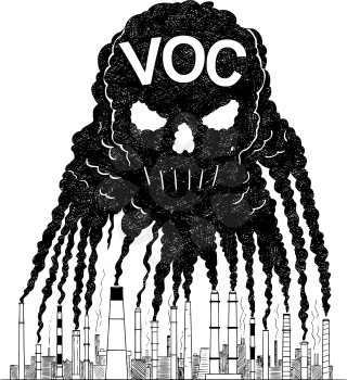 Vector artistic pen and ink drawing illustration of smoke coming from industry or factory smokestacks or chimneys creating human skull shape in air. Environmental concept of toxic and deadly VOC or volatile organic compound air pollution.
