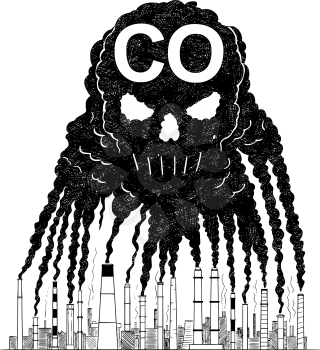 Vector artistic pen and ink drawing illustration of smoke coming from industry or factory smokestacks or chimneys creating human skull shape in air. Environmental concept of toxic and deadly carbon monoxide or CO air pollution.