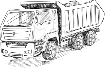 Vector artistic pen and ink sketch drawing illustration of Dump Truck
