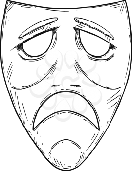 Vector artistic pen and ink drawing illustration of sad comedy mask.