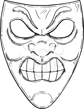 Vector artistic pen and ink drawing illustration of angry or aggressive comedy mask.