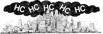 Vector artistic pen and ink drawing illustration of high rise building and smog covering the city. Environmental concept of toxic HC or hydrocarbon air pollution.