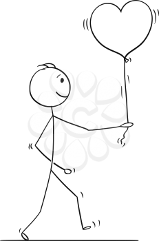 Cartoon stick drawing conceptual illustration of loving man in love holding or walking with heart shaped balloon.