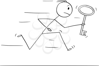 Cartoon stick drawing conceptual illustration of man or businessman running with big key as problem solution metaphor.