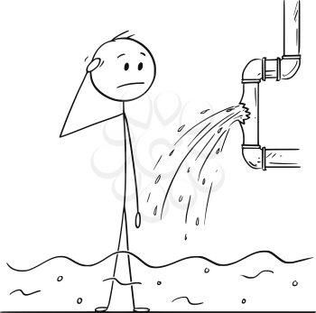 Cartoon stick drawing conceptual illustration of man or businessman watching broken water pipe and thinking about the leaking problem solution unable to solve it.