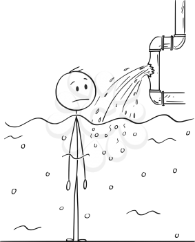 Cartoon stick drawing conceptual illustration of man or businessman standing up to neck in water watching broken pipe and thinking about the leaking problem solution unable to solve it.