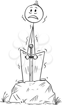 Cartoon stick drawing conceptual illustration of man or businessman pulling the Excalibur sword from the stone as success or achievement metaphor.