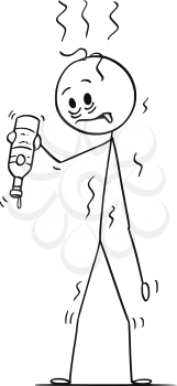 Cartoon stick drawing conceptual illustration of thirsty man whose alcohol bottle is empty and he wants to drink.