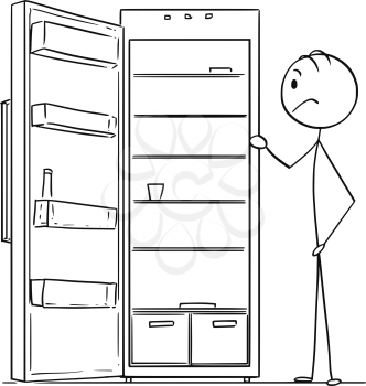 Cartoon stick drawing conceptual illustration of hungry man looking in empty fridge or refrigerator.