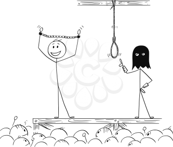 Cartoon stick drawing conceptual illustration of man enjoying the attention of crowd while waiting on his own execution.