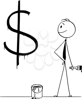 Cartoon stick drawing conceptual illustration of businessman with brush and paint can and big black dollar currency sign or symbol painted or written on wall.