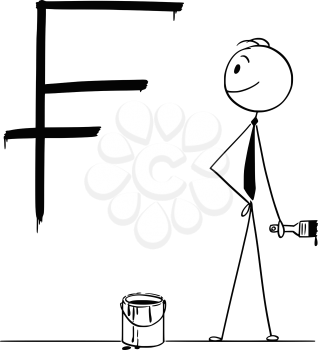 Cartoon stick drawing conceptual illustration of businessman with brush and paint can and big black Swiss frank currency sign or symbol painted or written on wall.