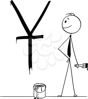 Cartoon stick drawing conceptual illustration of businessman with brush and paint can and big black Chinese Yuan or Renminbi currency sign or symbol painted or written on wall.