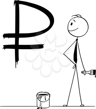Cartoon stick drawing conceptual illustration of businessman with brush and paint can and big black Russian ruble or Rouble currency sign or symbol painted or written on wall.