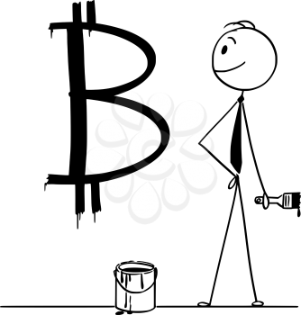 Cartoon stick drawing conceptual illustration of businessman with brush and paint can and big black Bitcoin cryptocurrency sign or symbol painted or written on wall.