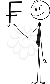 Cartoon stick drawing conceptual illustration of waiter or businessman holding tray or salver and offering Swiss franc currency symbol or sign.