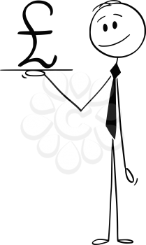 Cartoon stick drawing conceptual illustration of waiter or businessman holding tray or salver and offering United Kingdom pound sterling currency symbol or sign.