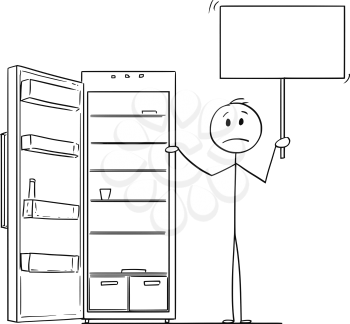 Cartoon stick drawing conceptual illustration of hungry and depressed man holding empty sign and empty fridge or refrigerator.