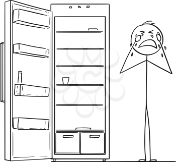 Cartoon stick drawing conceptual illustration of depressed man crying near empty fridge or refrigerator.