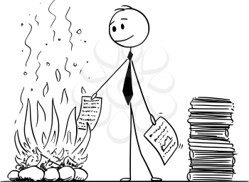 Cartoon stick man drawing conceptual illustration of businessman or office clerk burning sheets of paper documents in fire of fireplace.