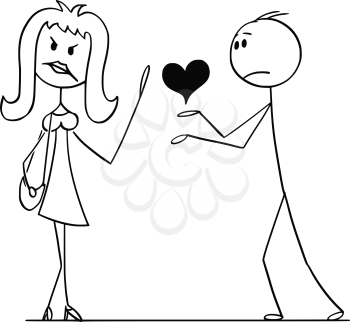 Cartoon stick drawing conceptual illustration of woman rejecting heart as symbol and metaphor of love from man.