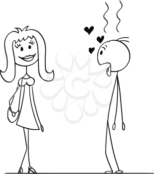 Cartoon stick drawing conceptual illustration of man who is in love to woman.