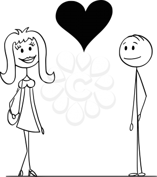Cartoon stick drawing conceptual illustration of man and woman and big heart between them as symbol of love.