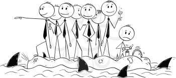 Cartoon stick man drawing conceptual illustration of group of unworried reckless businessman or politicians on old unstable inflatable rubber boat. Sharks circle around.