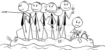Cartoon stick man drawing conceptual illustration of group of unworried reckless businessman or politicians on old unstable inflatable rubber boat.