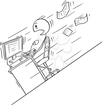 Cartoon stick drawing conceptual illustration of scared businessman siting behind his office desk or table and computer and moving fast down the hill.