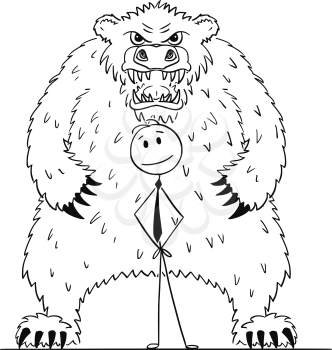Cartoon stick drawing conceptual illustration of businessman standing with big bear behind him as symbol of falling market prices.