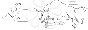 Cartoon stick drawing conceptual illustration of man or businessman running away from angry bull, possibly rising market prices symbol.