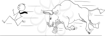 Cartoon stick drawing conceptual illustration of businessman running away from angry bull as rising market prices symbol.