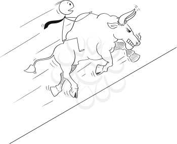 Cartoon drawing conceptual illustration of businessman riding on bull as symbols of rising market prices. Bull is running uphill.