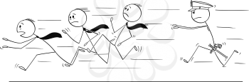 Cartoon stick drawing conceptual illustration of group of businessmen or gang running from policeman chasing or catching him. Concept of organized crime.