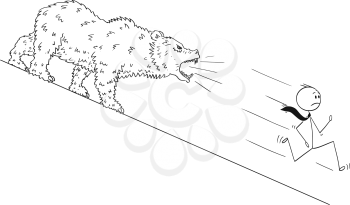 Cartoon stick man drawing conceptual illustration of businessman running down the hill from roaring bear. Falling bear market concept.