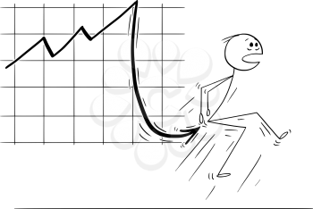 Cartoon stick man drawing conceptual illustration of businessman stabbed in bottom by falling financial chart or graph.