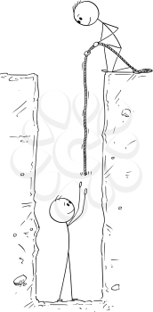 Cartoon stick drawing conceptual illustration of man or businessman who fall and is trapped in deep hole and saved by rope by another man or friend .