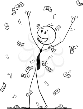 Cartoon stick drawing conceptual illustration of businessman celebrating and collecting money or banknotes rain falling from sky. Metaphor of financial success.
