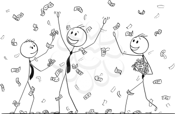 Cartoon stick drawing conceptual illustration of group of businessmen celebrating and collecting money or banknotes rain falling from sky. Metaphor of financial success.