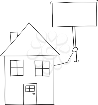 Cartoon vector conceptual drawing of family house holding empty sign for your text.